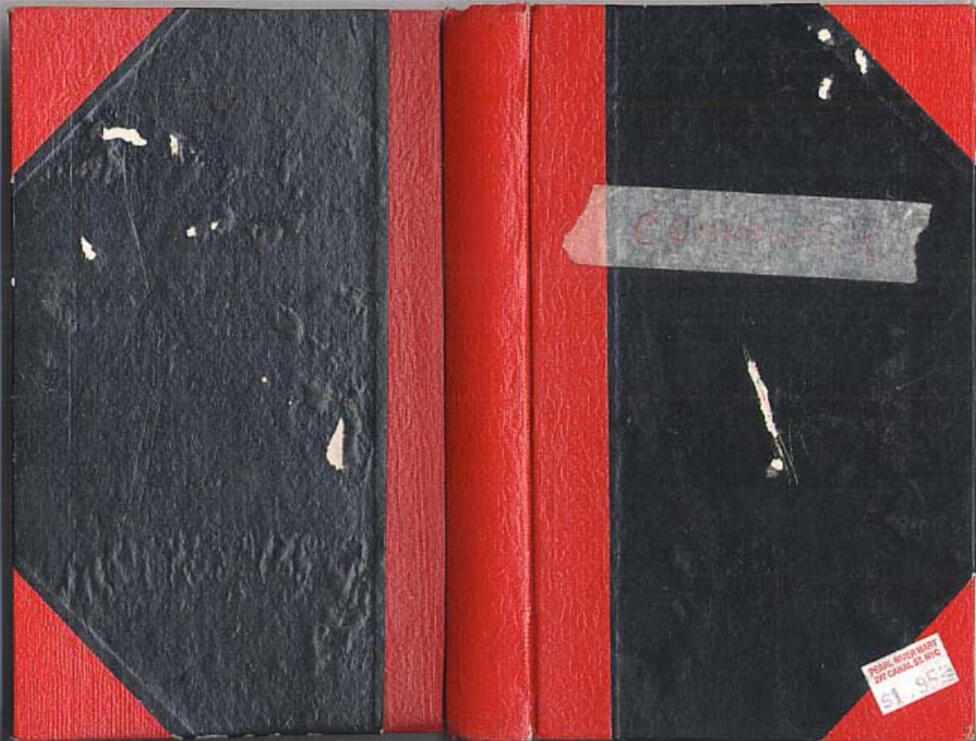 Cover of a black book with red spine and corners, and a price tag from a Chinatown novelty souvenir shop.