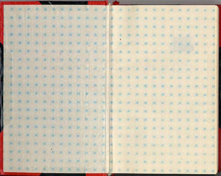 Blue and white Endpapers- Inside Cover of a black book with red spine and corners.