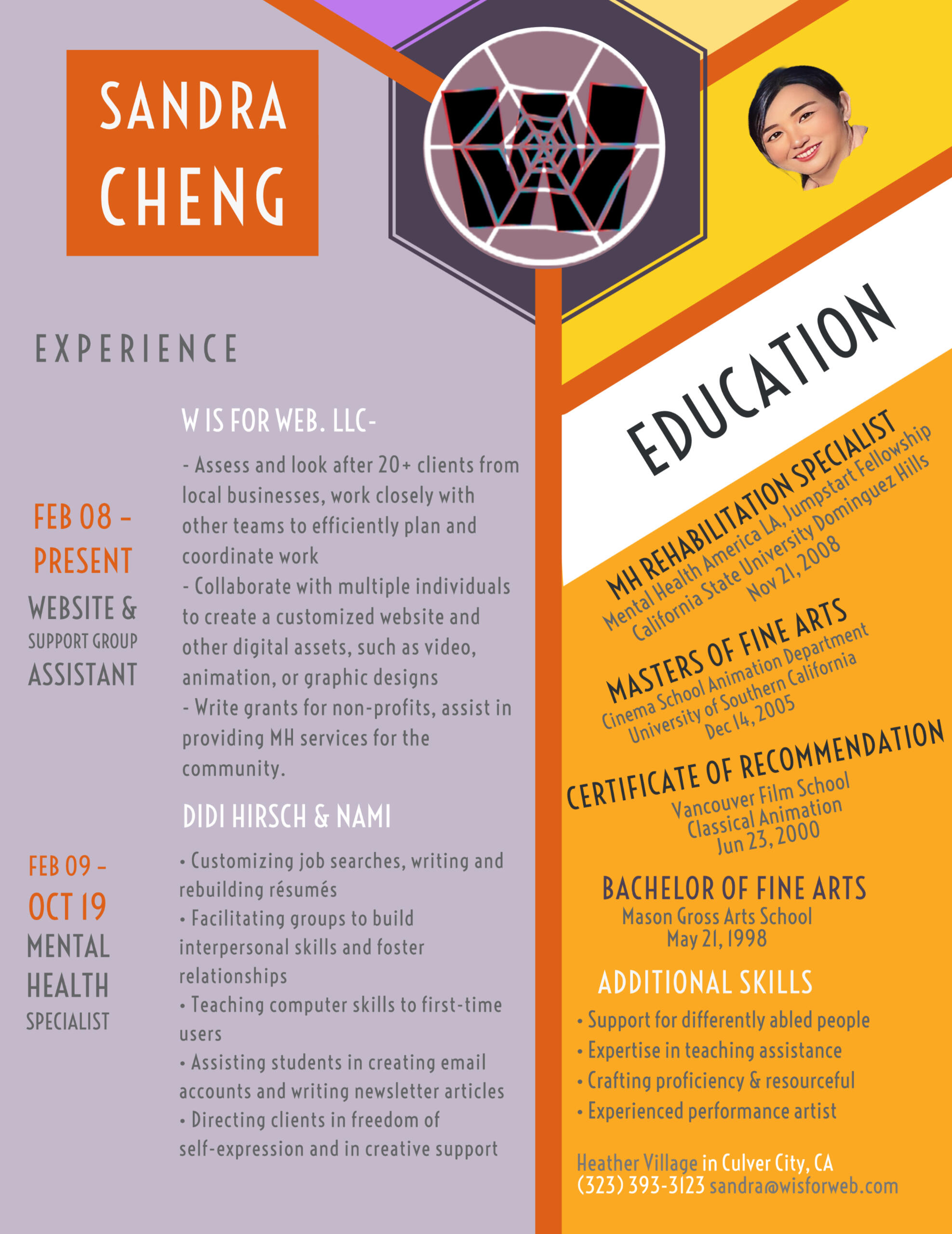 Sandra's current Resume 2023 with link to older CV/resume.